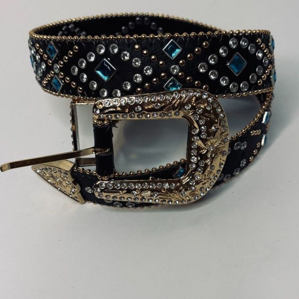 Western Rhinestone Studded Belt Black Gold Turquoise Crystal Ornate Buckle
